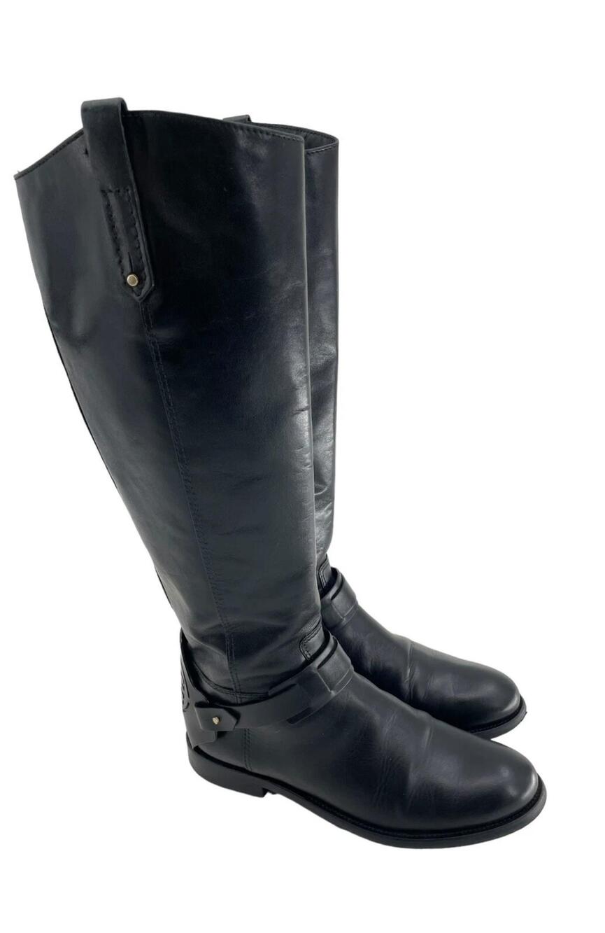 Tory Burch Black Leather Riding Boots Womens 8M Knee High Harness Logo Zip